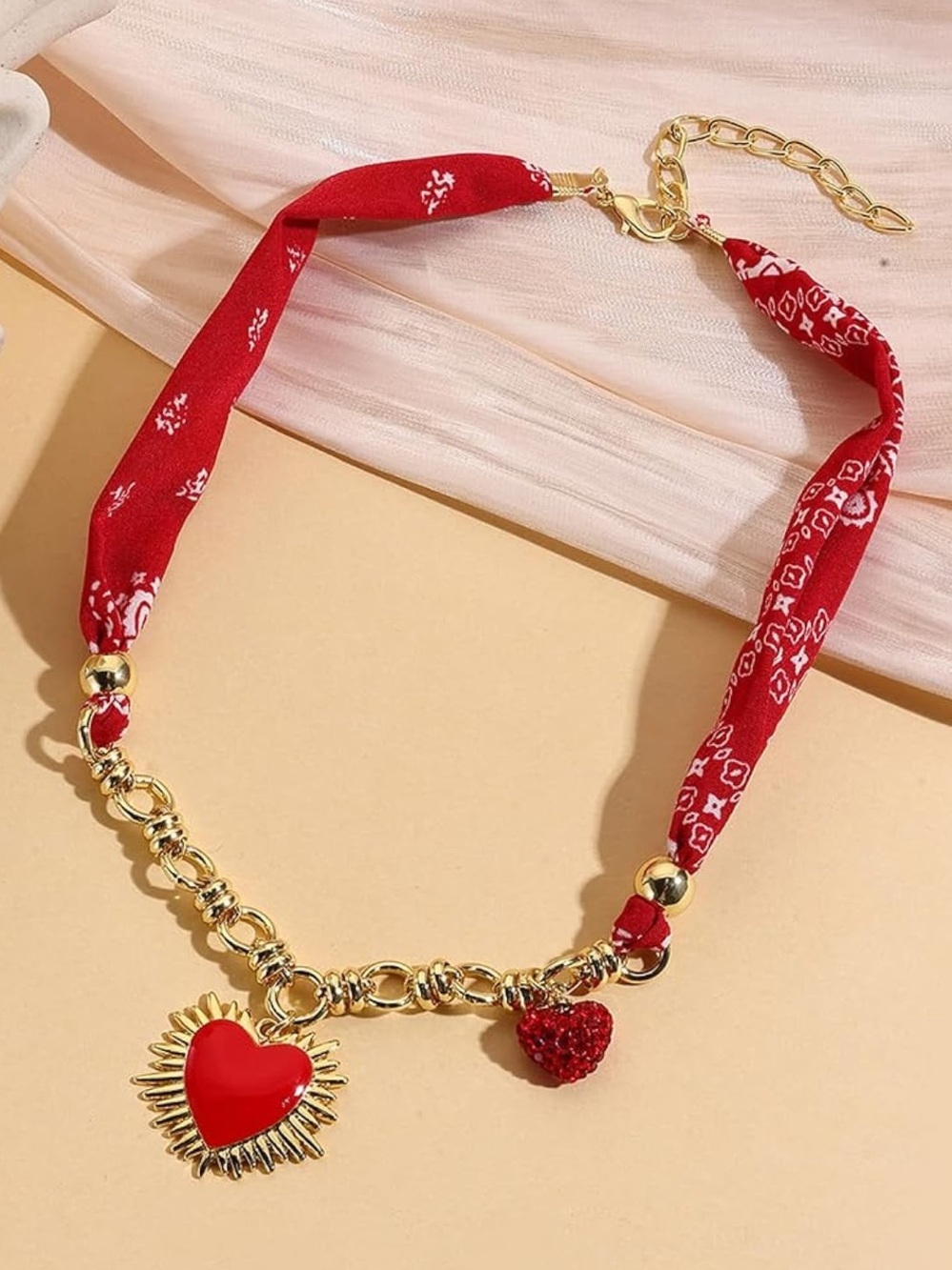 Red Heart Bandana Necklace Gold Chain Statement Choker